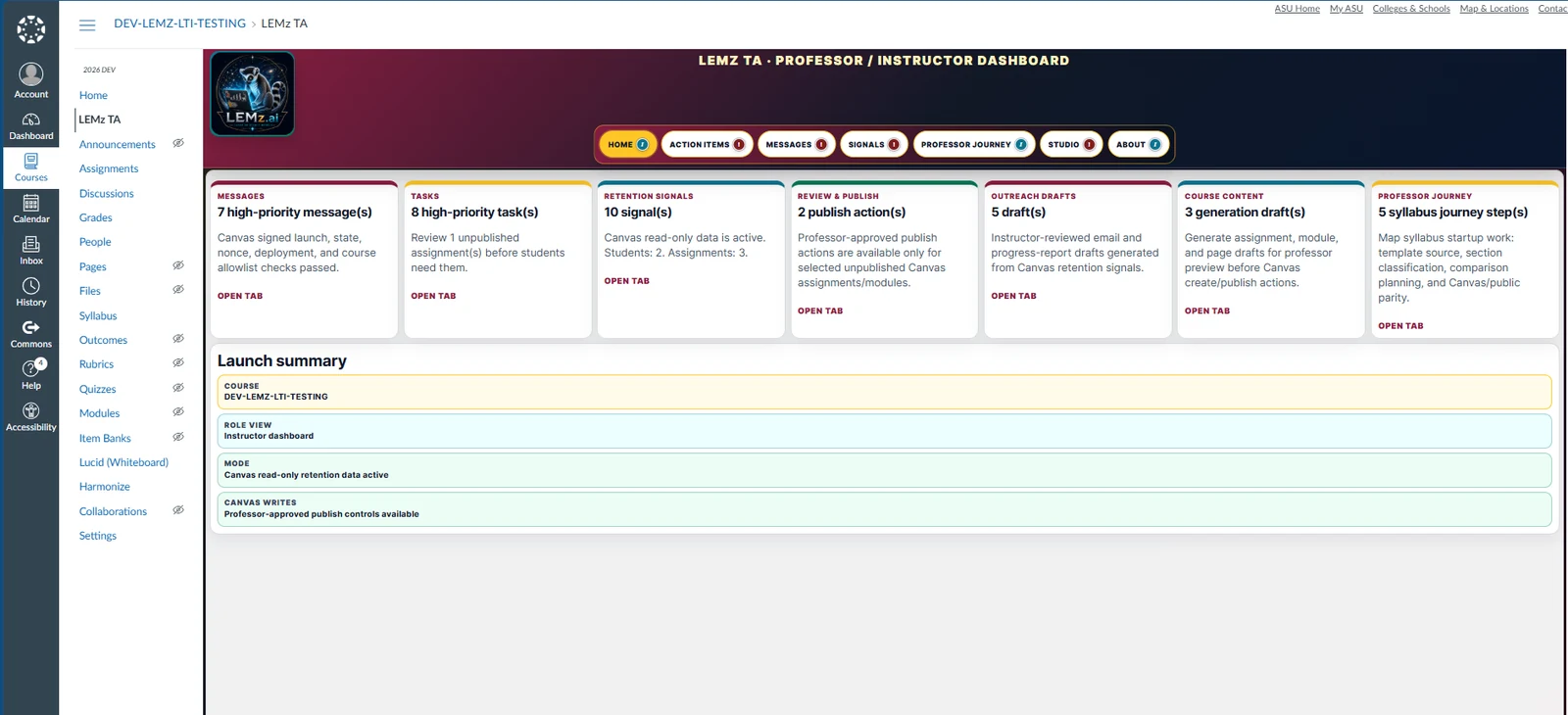 LEMz TA instructor dashboard in a Canvas test course, showing messages, tasks, retention signals, review and publish, outreach drafts, course content, professor journey, and a role-aware launch summary.