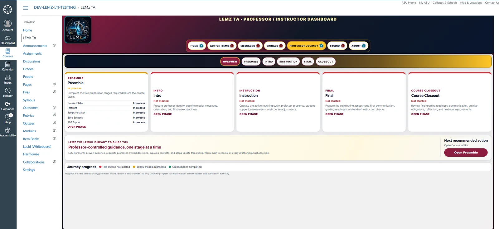 LEMz TA Professor Journey in a Canvas test course, showing Overview, Preamble, Intro, Instruction, Final, and Close Out phases with professor-controlled guidance.