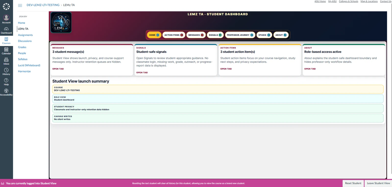 LEMz TA student dashboard in Canvas Student View, showing student-safe messages, signals, action items, About guidance, and a launch summary that states there are no silent writes.